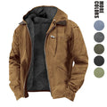 Men’s fleece-lined hooded canvas work jacket, zip-up removable collar, warm winter utility outerwear, casual trucker coat