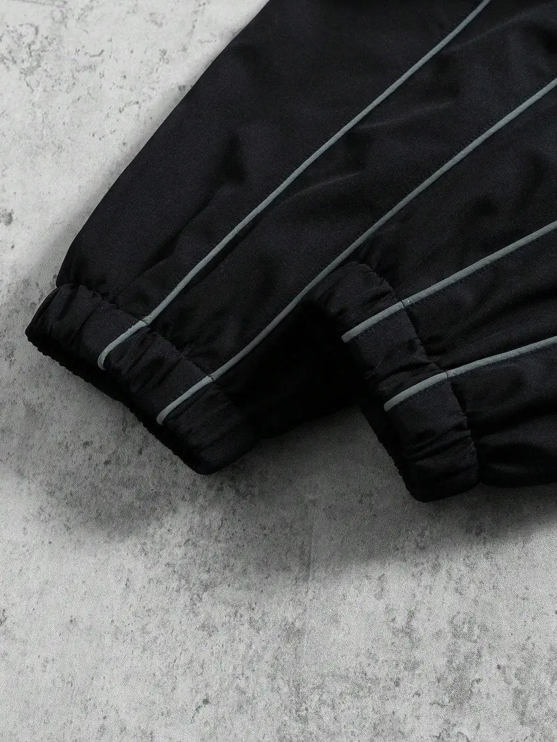 Men's Fashion Techwear Windbreaker Jacket - Hooded Drop-Shoulder Full-Zipper Top, Smooth Polyester, Reflective Sleeves, Water-Resistant, Long, Loose, Elastic, Pocket, Streetwear Outerwear
