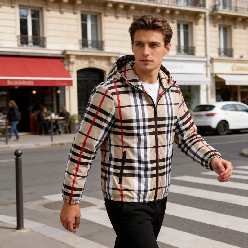 Men’s Spring Fall Lightweight Hooded Jacket, Zip-Up Windbreaker with Adjustable Drawstring, Stand Collar Option, Contrast Stripe Detail, Casual Plaid Outerwear in Khaki