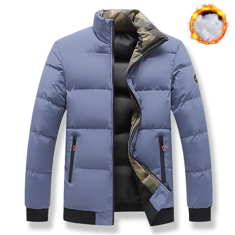 Men's Plain Fitted Long-Sleeve Windproof Stand-Collar Jacket - Zipper Closure, Cold-Weather Outerwear, S Size