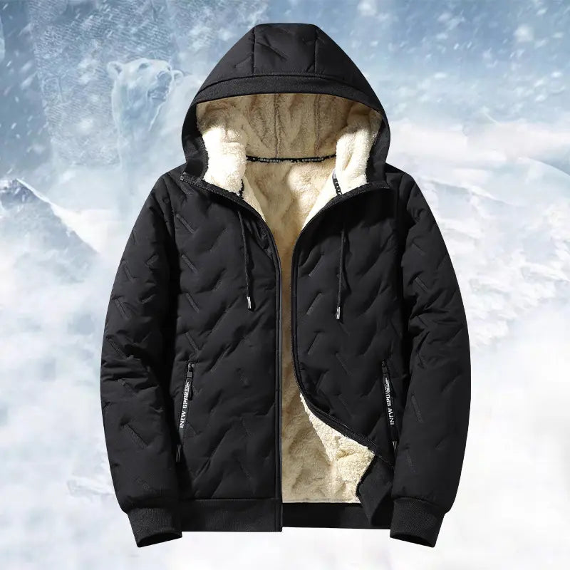 2026 New Stylish Menswear Men's Hooded Cotton-Blend Coat Jacket - Long-Sleeve, Plain, Casual, Warm Fleece-Lined Top with Ultrasonic Cotton Toothbrush Print, Fitted Cut, Medium Length, Attached Hood