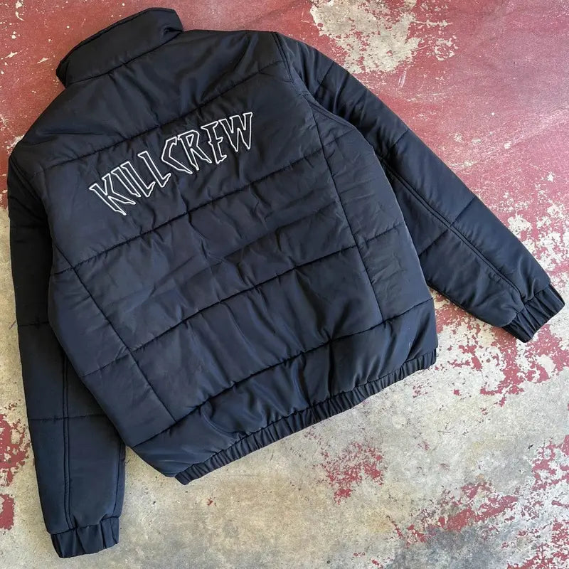 Kill Crew Men's Wolf Graphic Polyester Shell Cotton-Filled Lightweight Poof Non-Hooded Long-Sleeve Zip Puffer Down Jacket - Cuffed, Elastic Hem, Reinforced Zip, Fitted True Fit Street Basic Menswear Outerwear, Long-Sleeve Men's Down Jackets