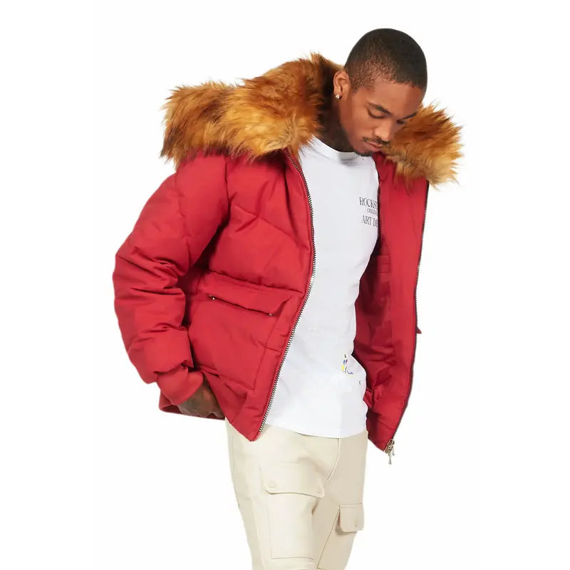 Langston Red Puffer Jacket with Fur Hood