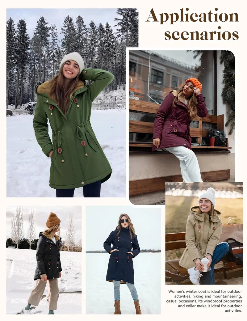 Parka Jacket Women Waterproof Fleece Lined Hooded Warm Winter Coat with Pockets for Daily Commute & Outdoor