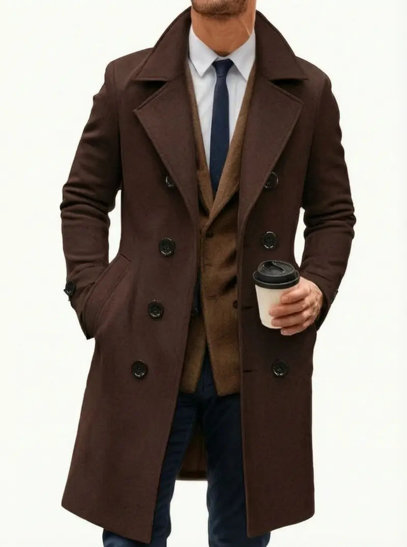 Men’s long trench coat jacket with notched lapel collar, double-breasted design, slim fit, classic mid-length overcoat