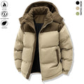 Men's Minimalist Woven Cozy Hooded Down Jacket - Polyester-Filled Velvet Cotton Fabric, Winter Color Block, Long-Sleeve, Detachable Cap, Warm Overcoat, Pockets, Pull-On Style, Fitted Cut for Party, Easter, Cozy Hooded Fit