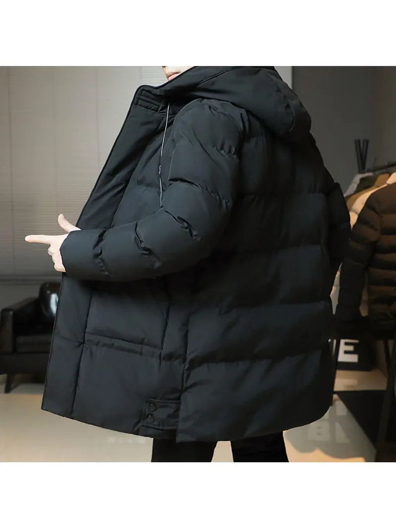New men’s mid-length cotton hooded jacket, plus size for autumn/winter; loose fit, thick and warm, comfortable; suitable for outdoor travel, mountaineering, hiking, cycling, and running; fashionable, versatile, trendy.
