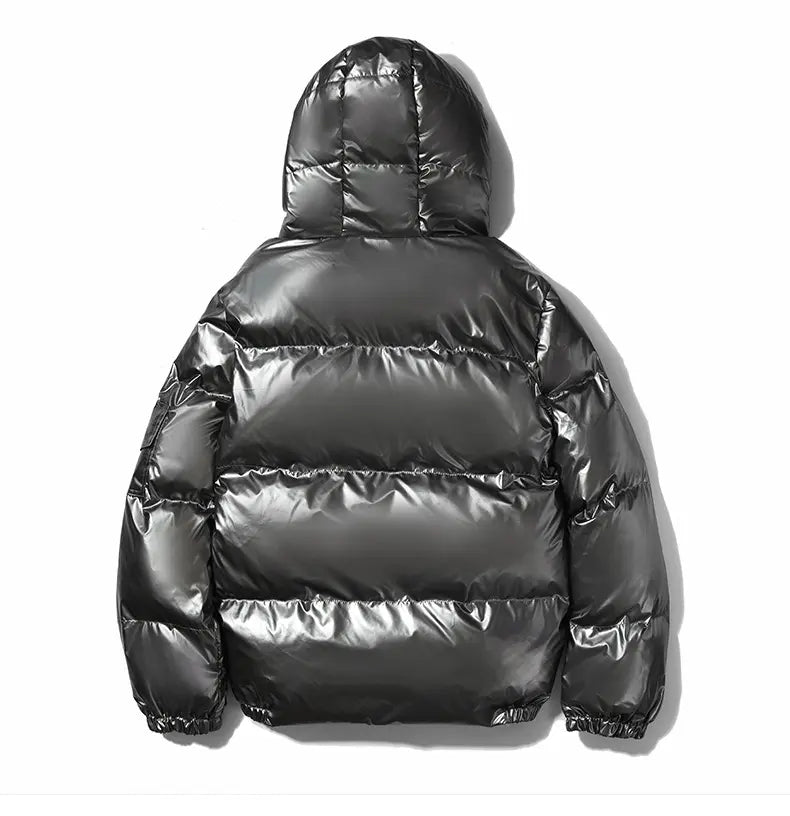 Mens Shiny Glossy Smooth Puffer Jacket - Zip-Up Hooded, Thick Cotton-Padded Menswear Garment, Ribbed, Windproof Thermal, Loose Fit, Clean Minimalist Stylish Casual Streetwear, Side Pockets for Cold Winter Comfort