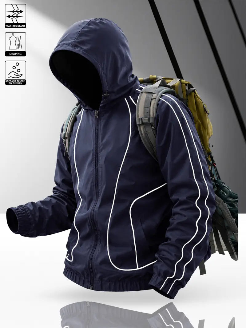 Men's windproof waterproof jacket, breathable outdoor hiking coat, foldable hat design, lightweight and durable, all weather use, suitable for spring and summer in thin styles.