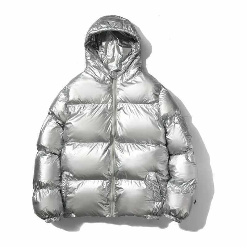 Mens Shiny Glossy Smooth Puffer Jacket - Zip-Up Hooded, Thick Cotton-Padded Menswear Garment, Ribbed, Windproof Thermal, Loose Fit, Clean Minimalist Stylish Casual Streetwear, Side Pockets for Cold Winter Comfort