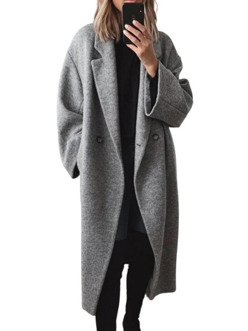 Women’s long winter trench coat with double-breasted design and turn-down collar, button closure, casual and fashionable for everyday wear