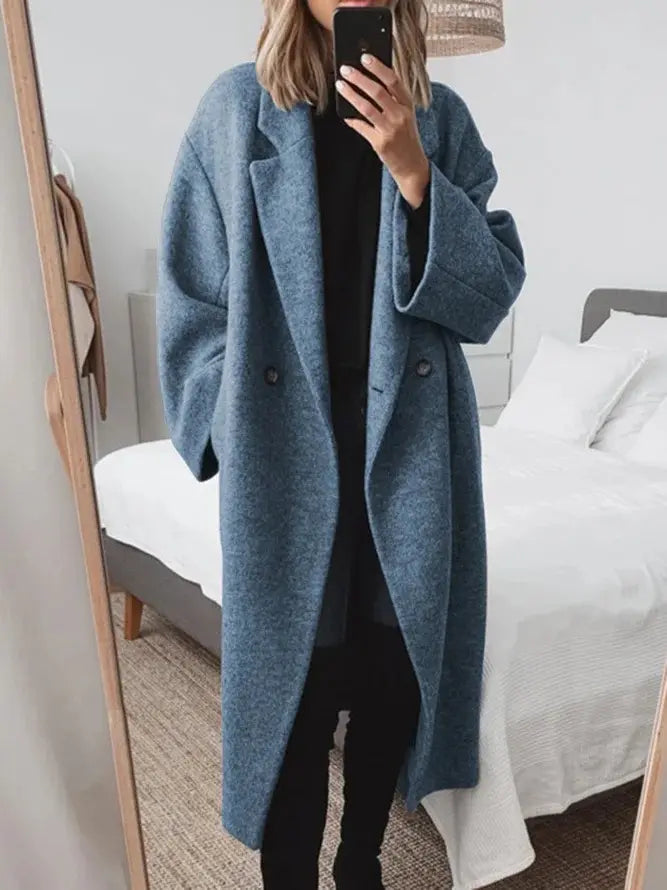 Women’s long winter trench coat with double-breasted design and turn-down collar, button closure, casual and fashionable for everyday wear