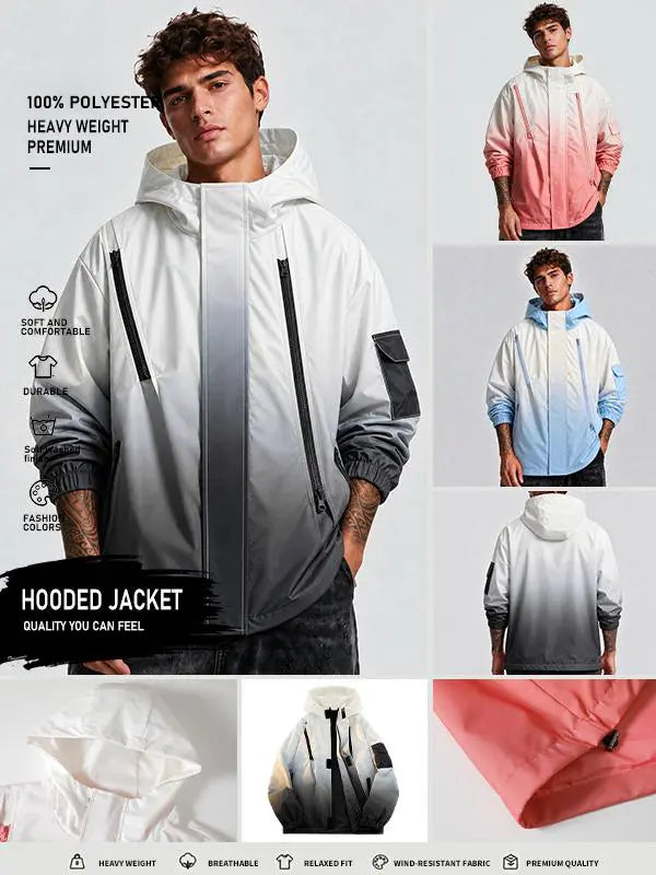Men’s Gradient Long Sleeve Hooded Work Jacket - Polyester, Loose-Fit, Zip-Up, Multiple Pockets, Windproof, Casual Fashion Outerwear, Modern Style Lightweight Work Jackets, Zip Up Hoodies
