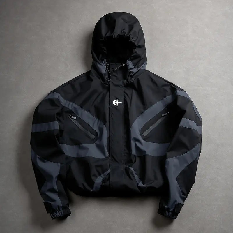 Men’s Color-Block Hooded Polyester Outdoor Jacket - Wind-Resistant Outerwear, Drawstring Hem, Stylish Sportswear for Hiking/Light Outdoor, Everyday Outings
