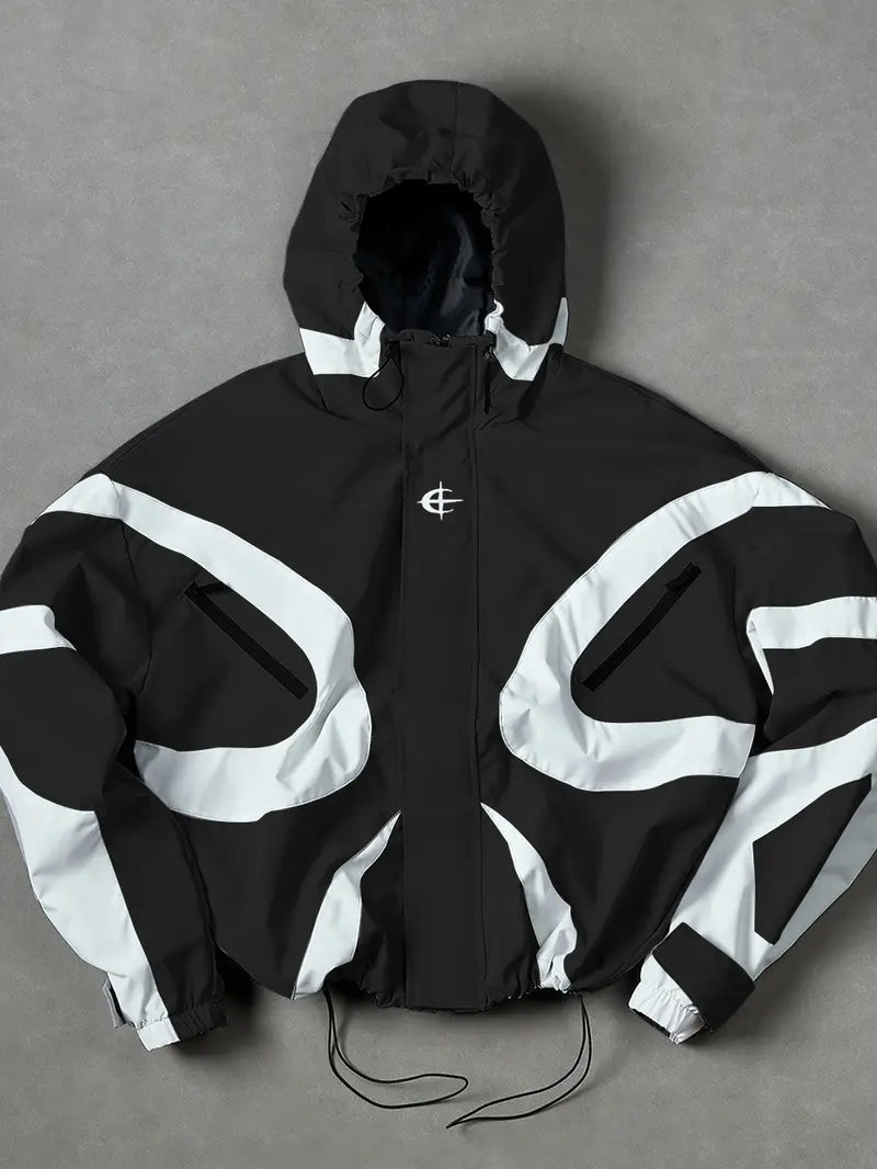 Men’s color-block hooded windproof jacket — loose street-style hoodie, lightweight casual outerwear with zippered pockets
