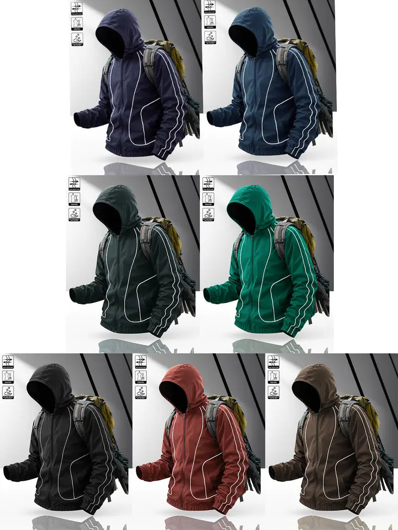 Men's windproof waterproof jacket, breathable outdoor hiking coat, foldable hat design, lightweight and durable, all weather use, suitable for spring and summer in thin styles.