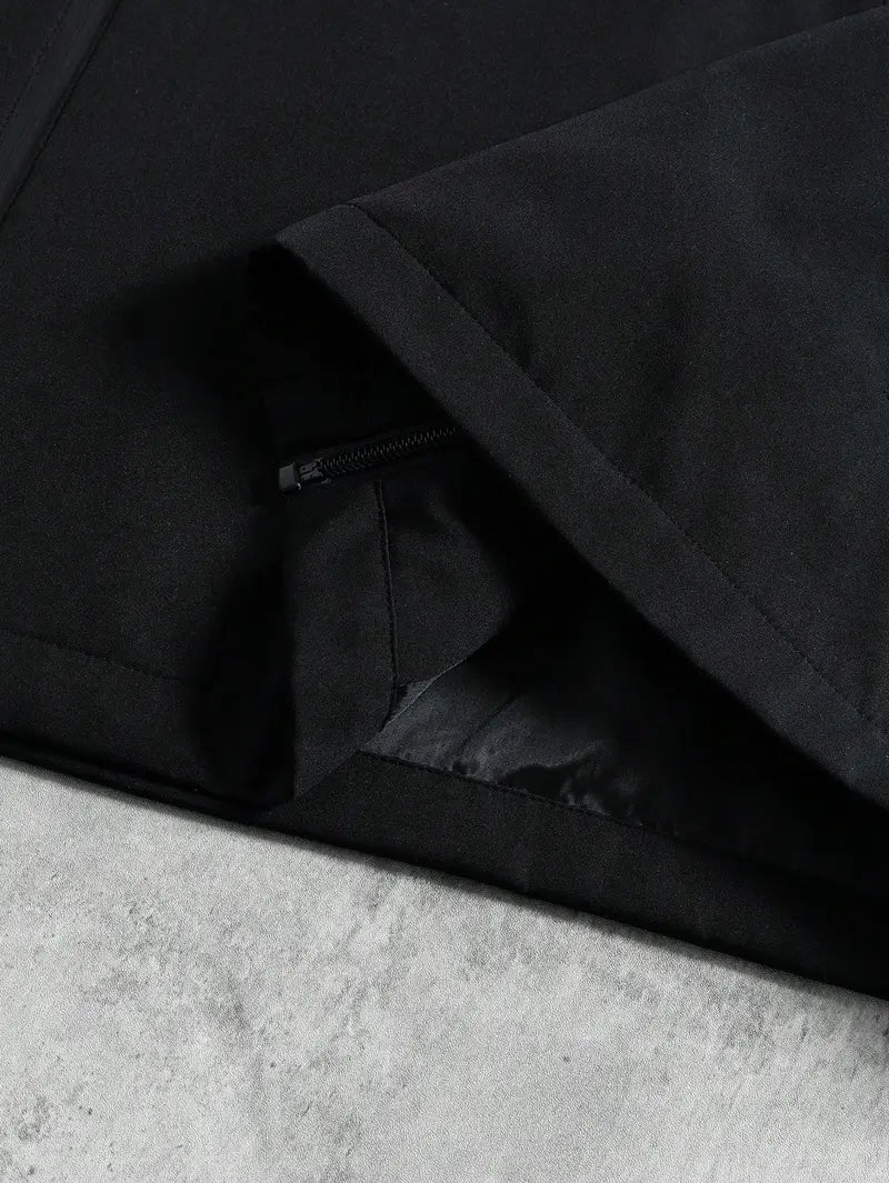 Men's Fashion Techwear Windbreaker Jacket - Hooded Drop-Shoulder Full-Zipper Top, Smooth Polyester, Reflective Sleeves, Water-Resistant, Long, Loose, Elastic, Pocket, Streetwear Outerwear