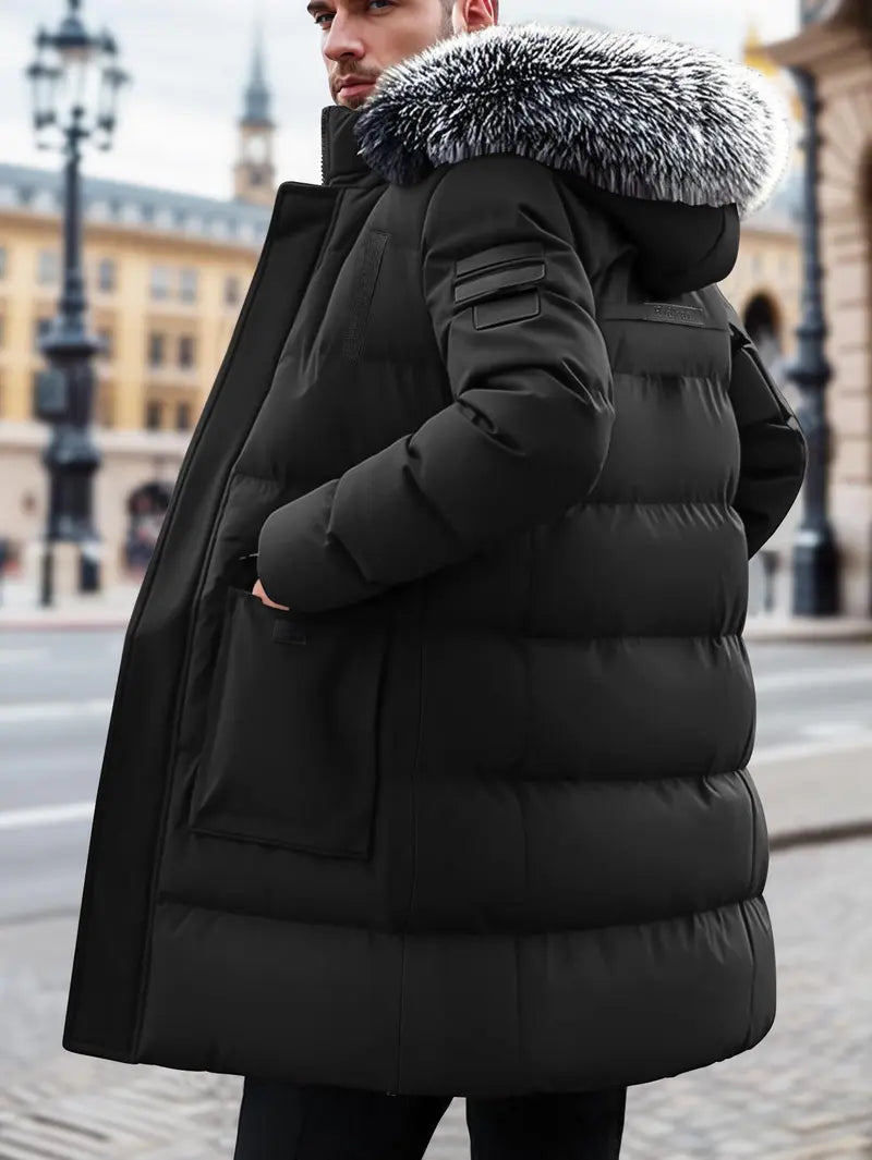 Men's Winter Heavy-duty Long Parka Coat, Thick and Warm Insulation, Detachable Faux Fur Hood Pocket with Large Pocket, Suitable for Skiing and Commuting