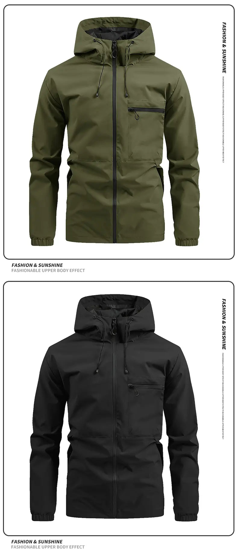 Men's Fitted Solid Woven Hooded Jacket - Waterproof, Windproof, with Zippered Pockets for Outdoor, Casual Wear