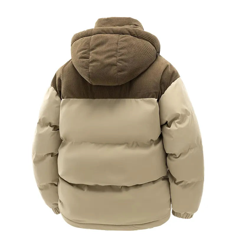 Men's Cotton Winter Coat Hooded Fleece-Lined Color-Block Jacket Casual Everyday Outerwear, Removable Hood, Windproof Padding, Thick Insulated, Anti-Running Cotton, Easy to Pair - Couples Style