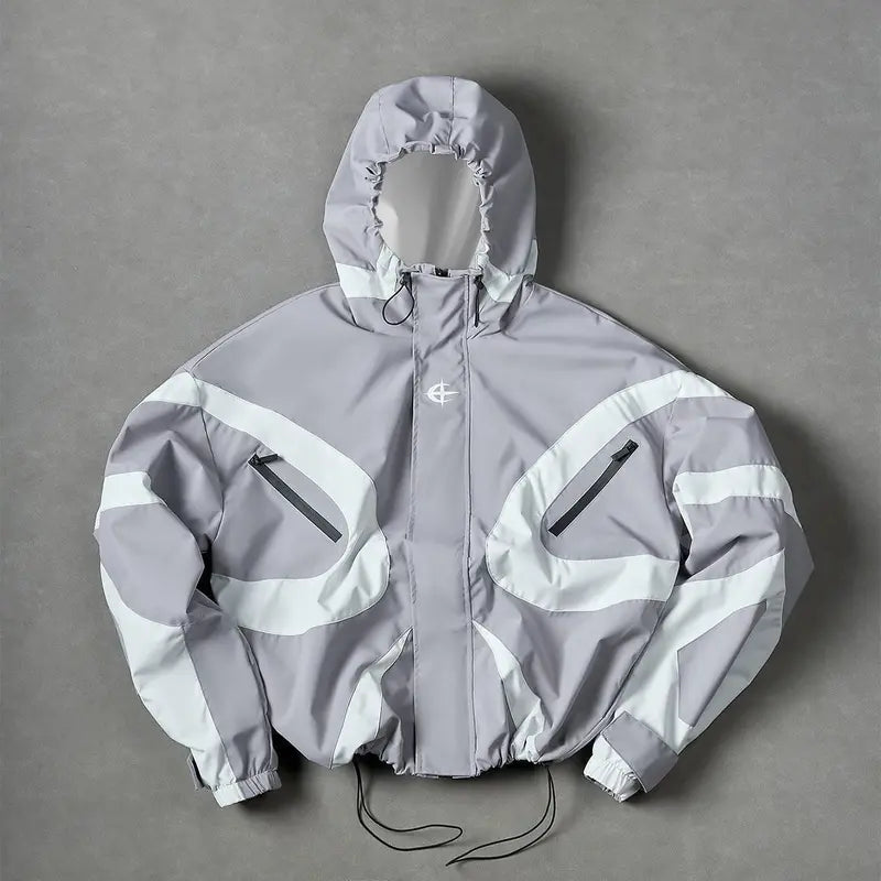 Men's Stylish Futuristic Techwear Windbreaker Coat - Long Sleeve, Grey & White Aesthetic, Trending Popular Clothes, Outdoor Stuff for Adults, Streetwear Top with Pockets for Spring