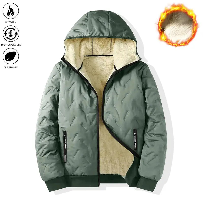Men’s Basic Korean Woven Winter Hooded Jacket, Thick Warm Zip-Up Windproof Outerwear with Full Zipper Closure, Front Pockets, Suitable for Outdoor Sports, Commuting, Cold Weather Menswear Coats Long Sleeve Motocross Beige