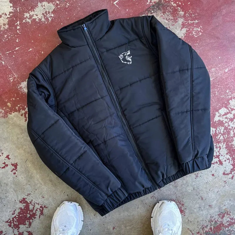 Kill Crew Men's Wolf Graphic Polyester Shell Cotton-Filled Lightweight Poof Non-Hooded Long-Sleeve Zip Puffer Down Jacket - Cuffed, Elastic Hem, Reinforced Zip, Fitted True Fit Street Basic Menswear Outerwear, Long-Sleeve Men's Down Jackets
