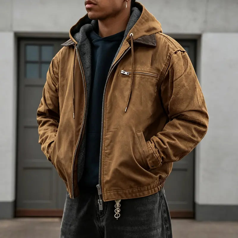 Men’s fleece-lined hooded canvas work jacket, zip-up removable collar, warm winter utility outerwear, casual trucker coat