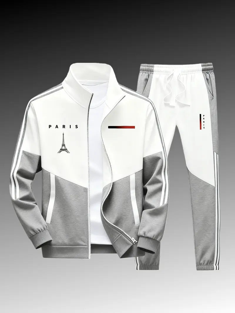 Men's 2-Piece Paris Logo Sportswear Set - Sports Outerwear Jacket & Jogging Pants, Geometric Print, Stand-Up Collar, Zipper Closure, Color-Matching Design, All-Season Streetwear Fashion Apparel Clothes Suits