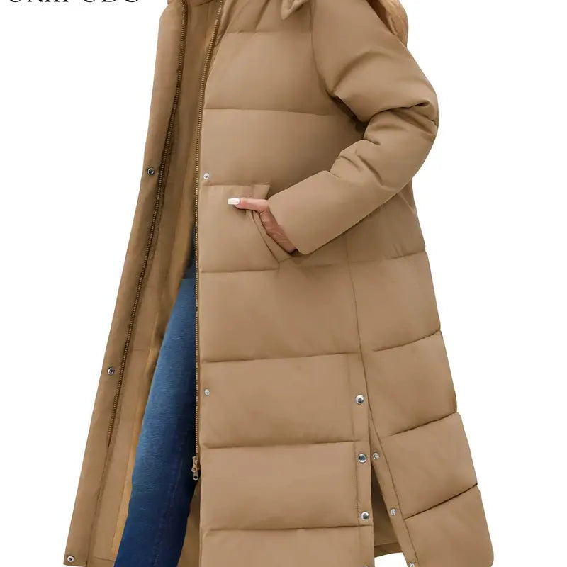UMIPUBO Lady's Long Sleeve Calf-Length Maxi Puffer Down Coat, Winter Warm Padded Outerwear with Removable Faux Fur Hood, Full-Zip Parka Tops, Detachable Fur, Removable Hood