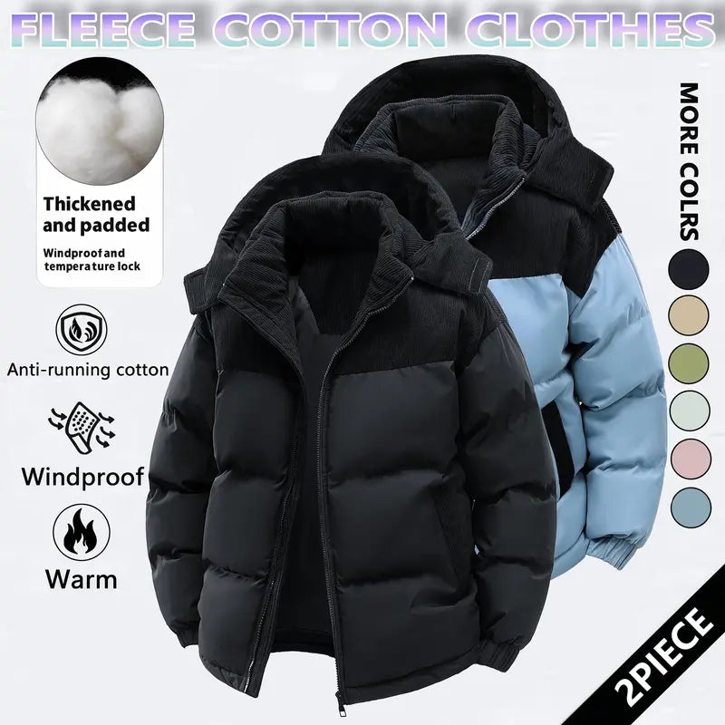 Men's Cotton Winter Coat Hooded Fleece-Lined Color-Block Jacket Casual Everyday Outerwear, Removable Hood, Windproof Padding, Thick Insulated, Anti-Running Cotton, Easy to Pair - Couples Style