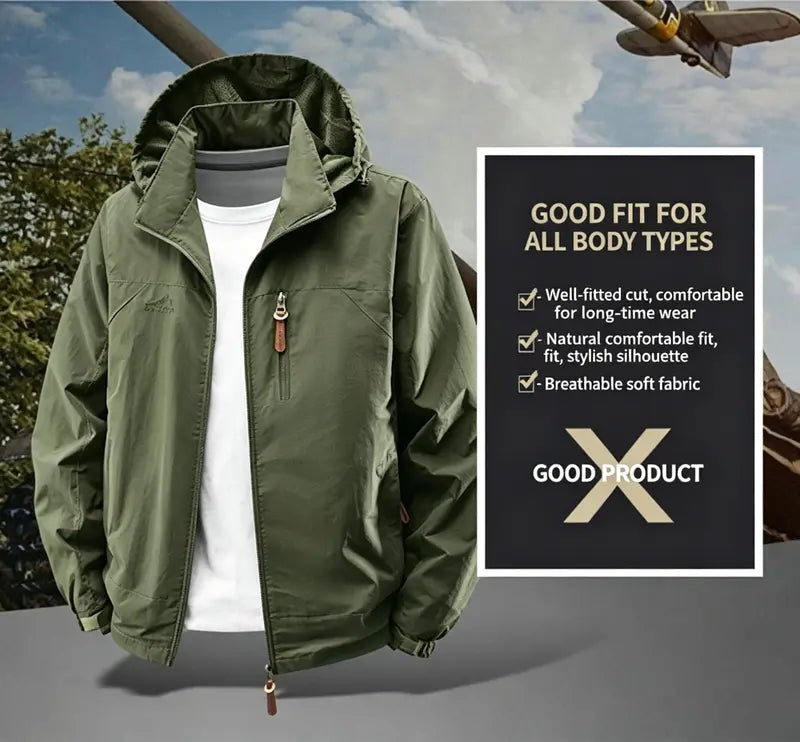 Men's Polyester Plain Full-Zip Water-Resistant Windbreaker Jacket with Hood, Lightweight Outdoor Shell Coat for Hiking, Daily Outdoor Wear