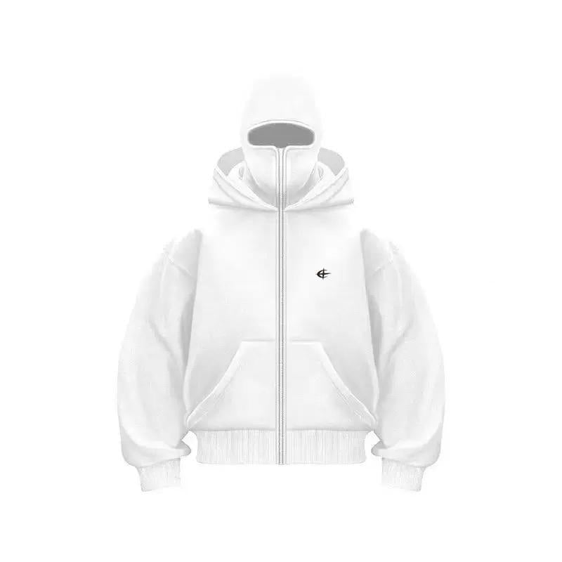 Unisex Double Hood Balaclava Full Zip Hoodie, Y2K Streetwear Boxy Cropped Fleece Sweatshirt, Ski Mask Face Cover Zip Up Jacket for Men Women, Multiple Colours
