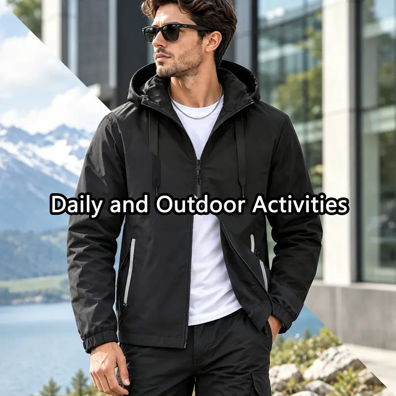 Men's Standard Lightweight Stylish Plain Polyester Hooded Windbreaker Jacket - Menswear Tops, Long Sleeve, Water-Resistant, Full-Zip, Reflective Zipper Pockets, Casual Coat for Outdoor Hiking, Daily Wear