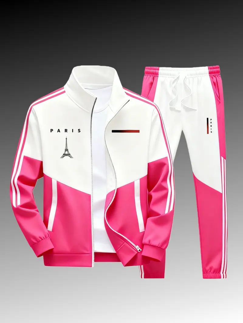Men's 2-Piece Paris Logo Sportswear Set - Sports Outerwear Jacket & Jogging Pants, Geometric Print, Stand-Up Collar, Zipper Closure, Color-Matching Design, All-Season Streetwear Fashion Apparel Clothes Suits