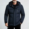 Men's Autumn Winter Mid-Length Hooded Down Coat - Quilted Outerwear Jacket, Coats for Casual Wear, Plain Design, Stylish Zipper-Button Front Closure, Multiple Zippered Pockets, Straight Cut, Casual Topstitching