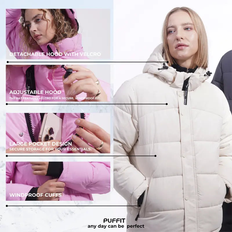PUFFIT WarmCore Premium Detachable-Hood Puffer Jacket | Classic Lightweight Winter Coat,Windproof,Water-Repellent,Adjustable Drawstring Design,Womenswear,Tops,Outerwear,Long Sleeve,Fall Jacket,2026 Shopping