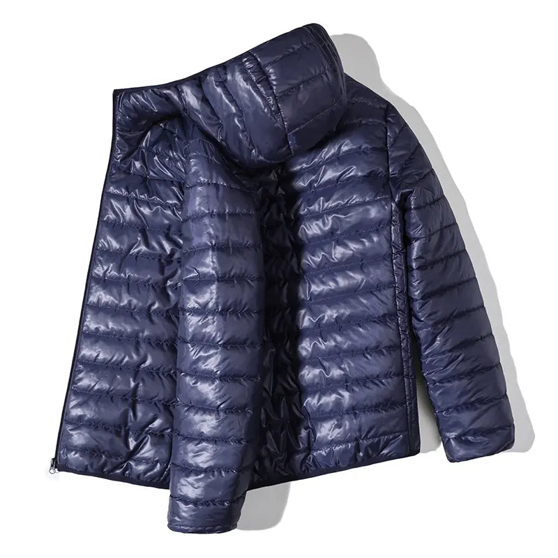 Men’s Glossy Fitted Woven Padded Lightweight Insulated Windproof Hooded Plain Coat - Autumn-Winter Casual Male Clothing for Everyday Wear, Navy Blue, Lightweight Casual Coats, Jacket