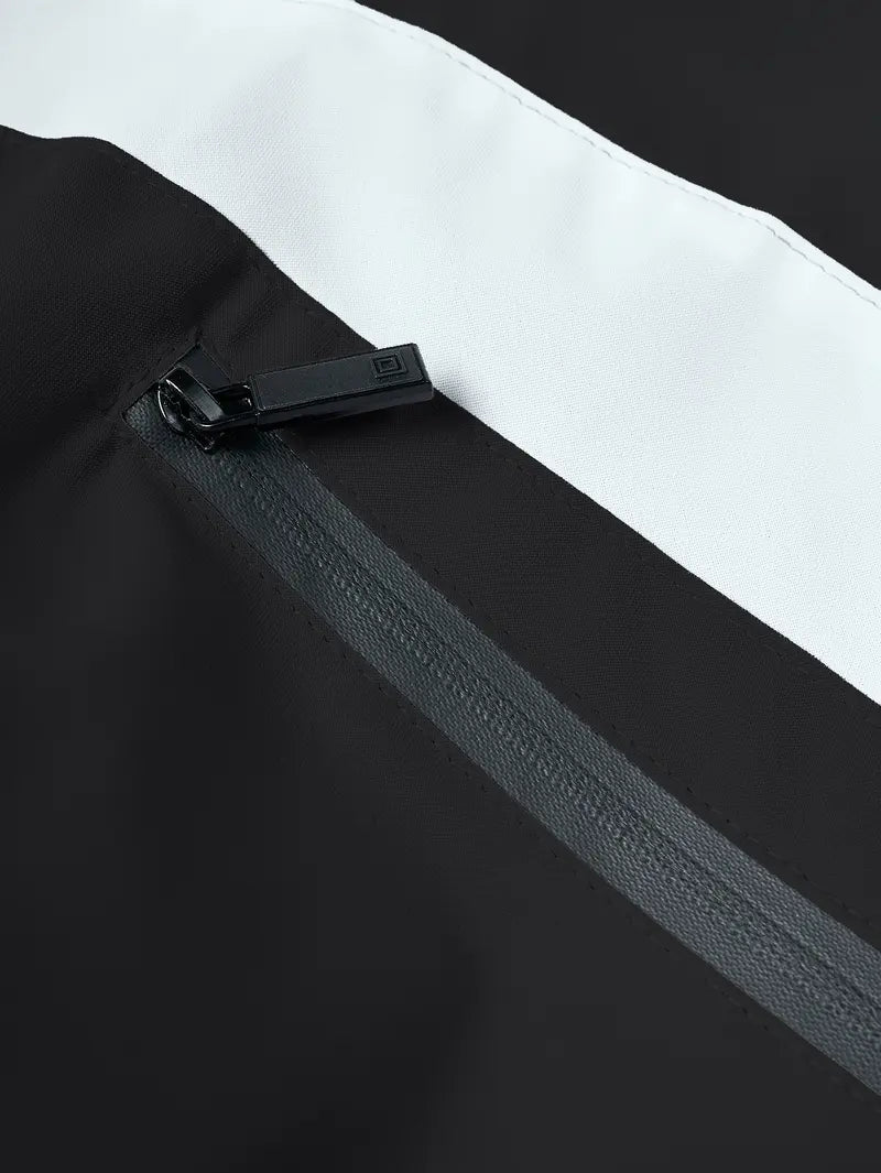 Men’s Color-Block Hooded Polyester Outdoor Jacket - Wind-Resistant Outerwear, Drawstring Hem, Stylish Sportswear for Hiking/Light Outdoor, Everyday Outings