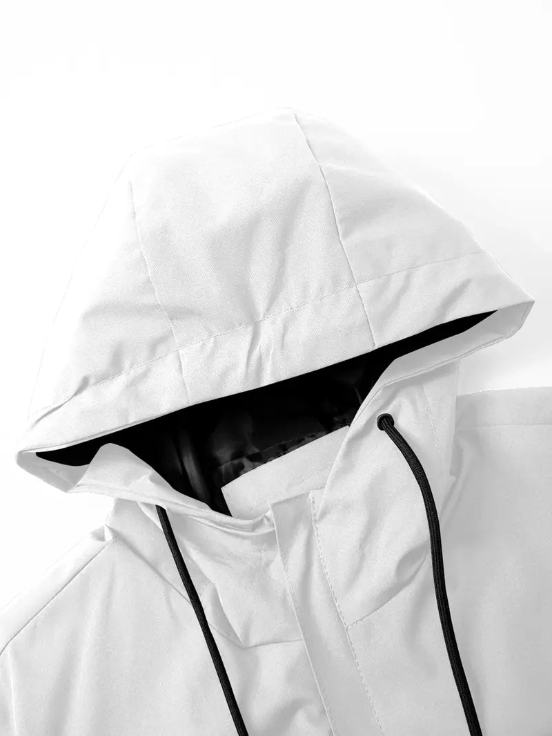 Men's Lightweight Hooded Windbreaker Jacket - Casual Outdoor Fashion Coat with Utility Pockets & Sleeve Patch Beige Long Sleeve