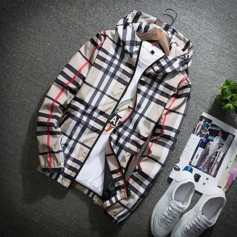 Men’s lightweight hooded jacket (with a stand collar option), zip-up windbreaker featuring adjustable drawstring and color-block stripe design, spring/autumn fashion style, men’s jacket, men’s outerwear, stylish khaki plaid pattern sohochic